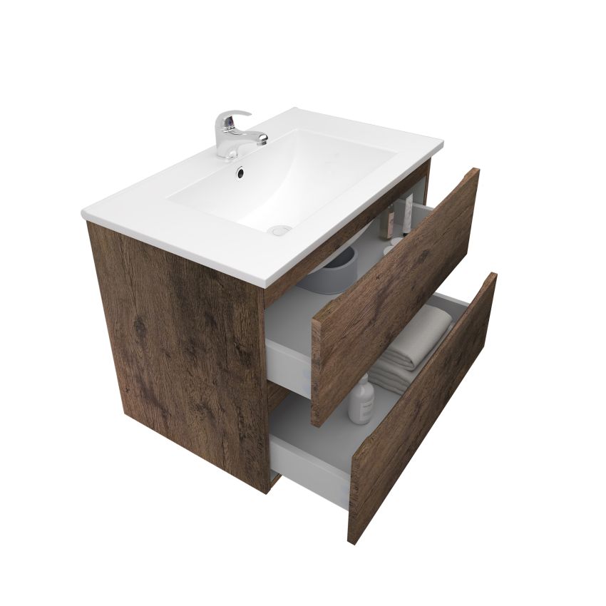 750mm Wall Hung Bathroom Vanity Dark Oak Wood Grain 2 PAC Coating MDF Board