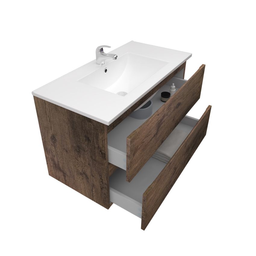 900mm Wall Hung Bathroom Vanity Dark Oak Wood Grain 2 PAC Coating MDF Board