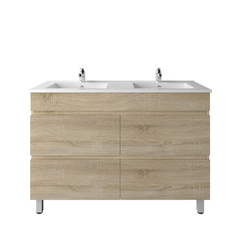 1200mm Freestanding With Legs Bathroom Vanity White Oak Wood Grain 2 PAC Coating MDF Board with Double Bowl