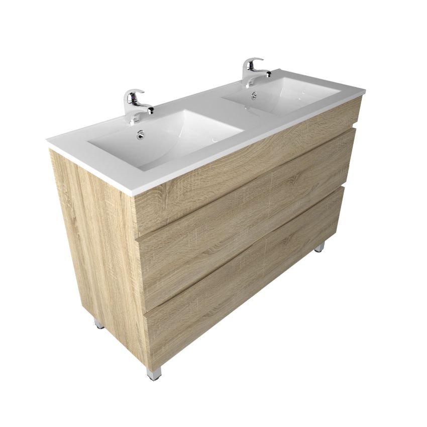 1200mm Freestanding With Legs Bathroom Vanity White Oak Wood Grain 2 PAC Coating MDF Board with Double Bowl