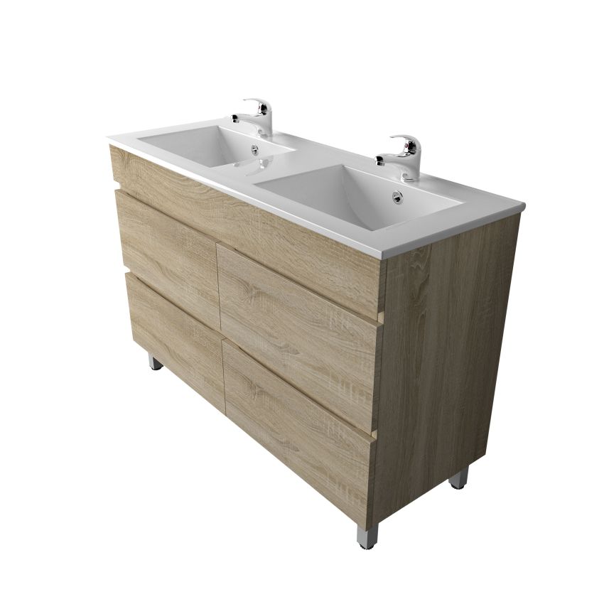 1200mm Freestanding With Legs Bathroom Vanity White Oak Wood Grain 2 PAC Coating MDF Board with Double Bowl