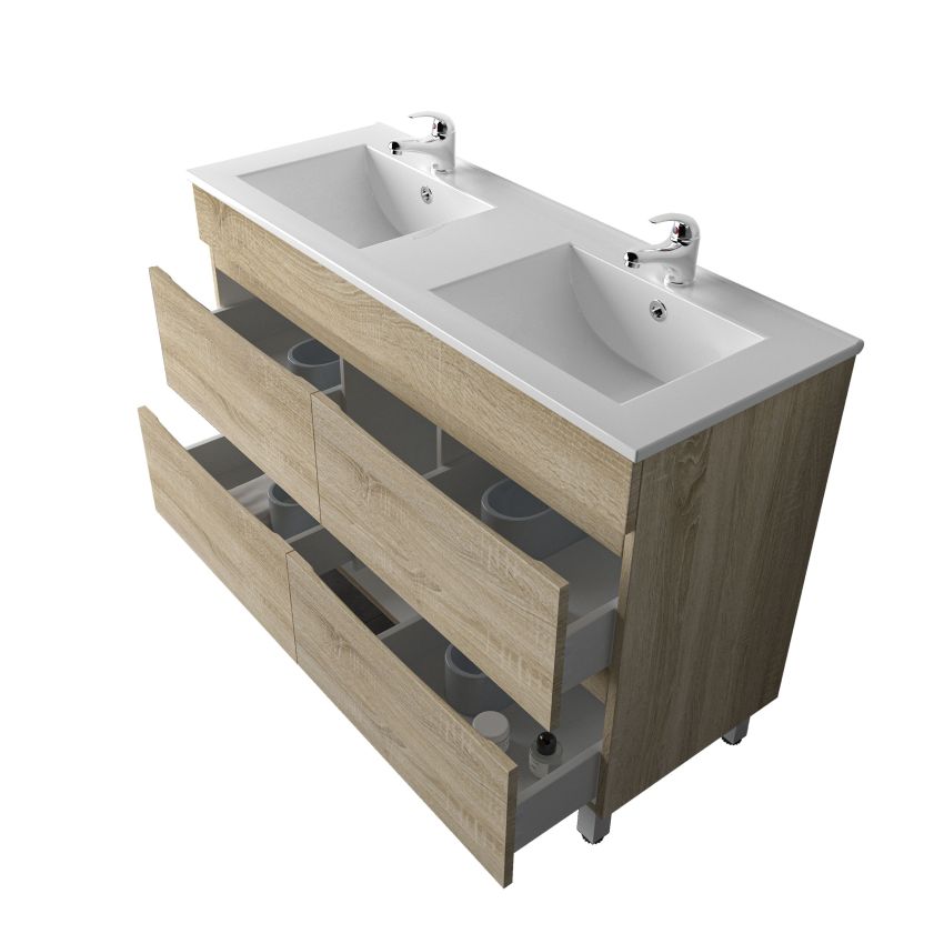 1200mm Freestanding With Legs Bathroom Vanity White Oak Wood Grain 2 PAC Coating MDF Board with Double Bowl