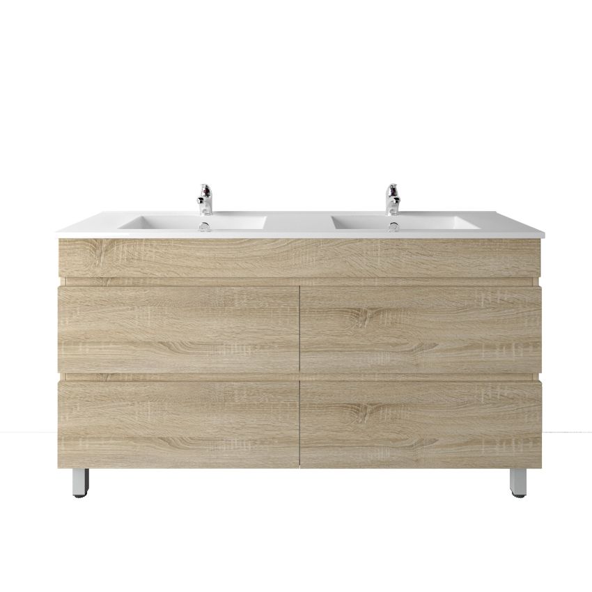 1500mm Freestanding With Legs Bathroom Vanity White Oak Wood Grain 2 PAC Coating MDF Board with Double Bowl