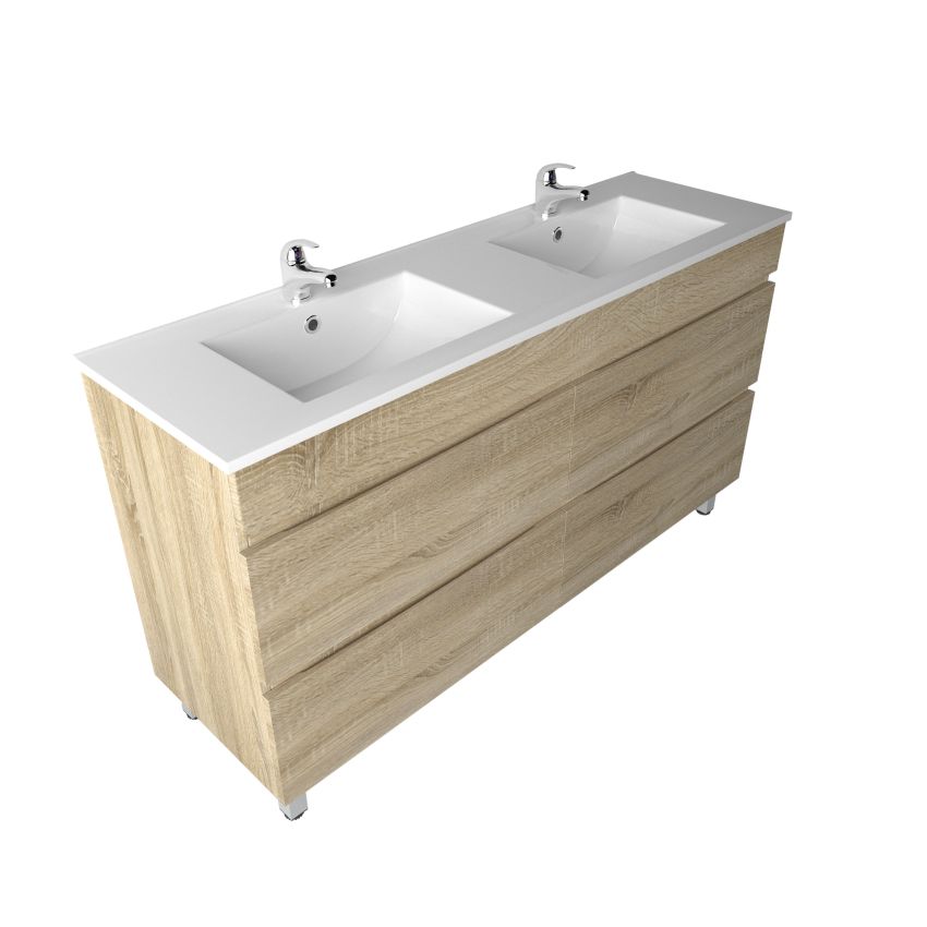 1500mm Freestanding With Legs Bathroom Vanity White Oak Wood Grain 2 PAC Coating MDF Board with Double Bowl
