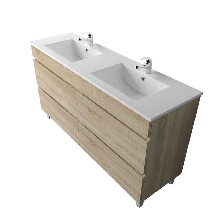 1500mm Freestanding With Legs Bathroom Vanity White Oak Wood Grain 2 PAC Coating MDF Board with Double Bowl