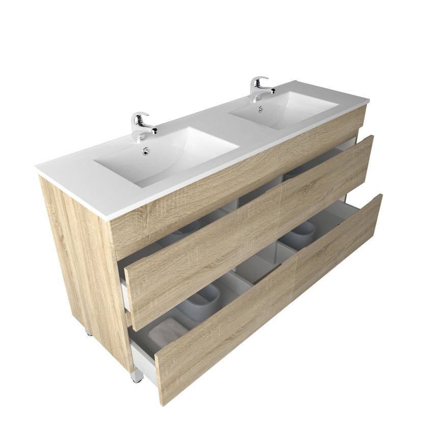 1500mm Freestanding With Legs Bathroom Vanity White Oak Wood Grain 2 PAC Coating MDF Board with Double Bowl