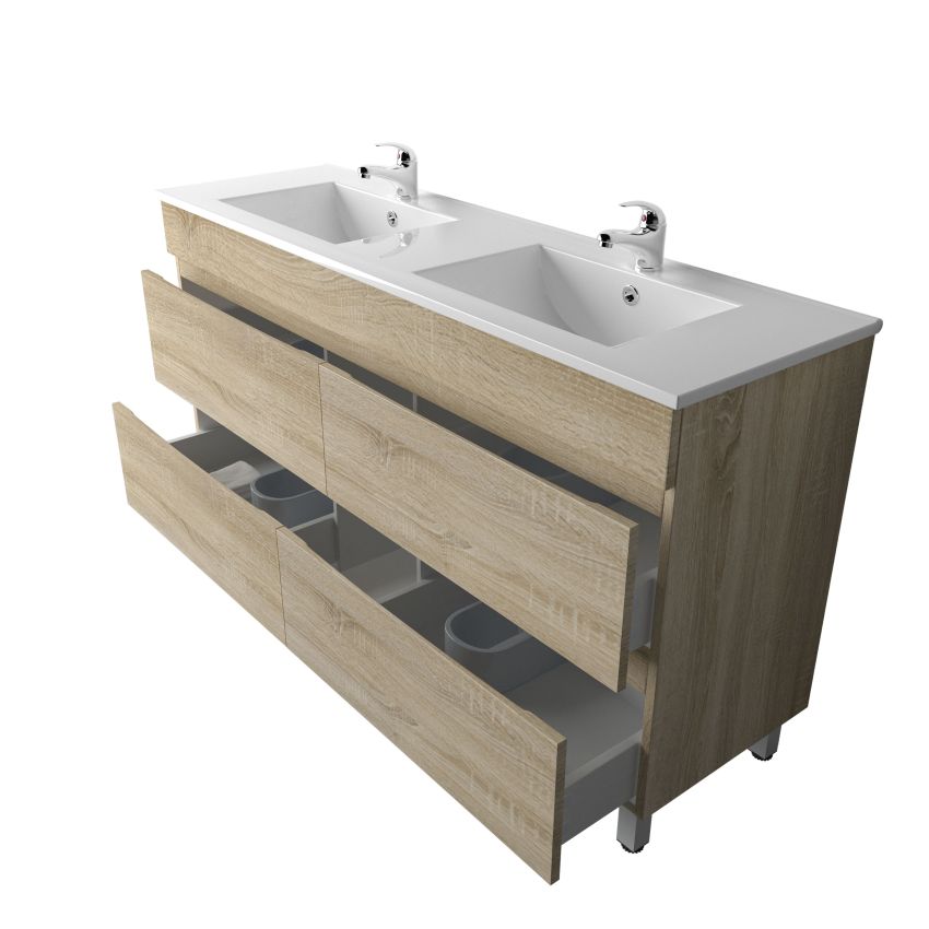 1500mm Freestanding With Legs Bathroom Vanity White Oak Wood Grain 2 PAC Coating MDF Board with Double Bowl
