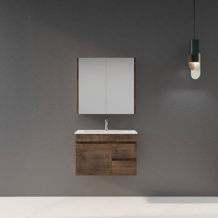 750MM Narrow Dark Oak MDF Bathroom Vanity Right Drawers Wall Hung Cabinet Only