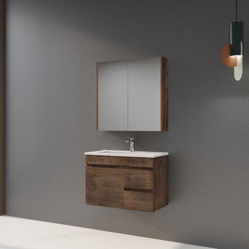 750MM Narrow Dark Oak MDF Bathroom Vanity Right Drawers Wall Hung Cabinet Only