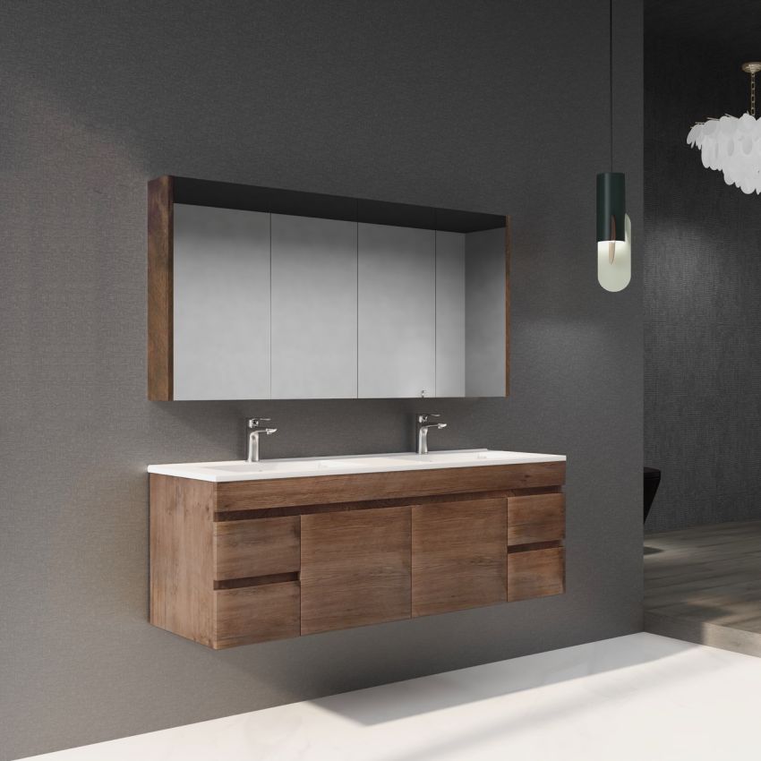 1500MM Dark Oak MDF Bathroom Vanity 4 Side Drawers 2 Middle Doors Wall Hung Cabinet Only