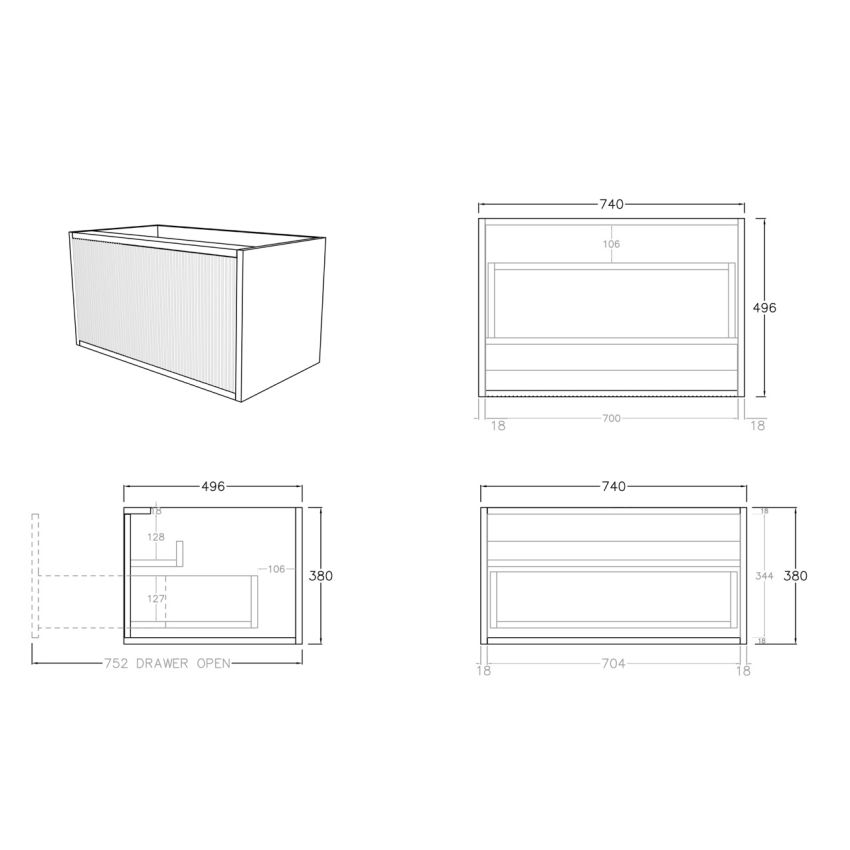 750mm Prime Oak Wall Hung Bathroom Vanity 1 Door Grooved MDF Cabinet Only