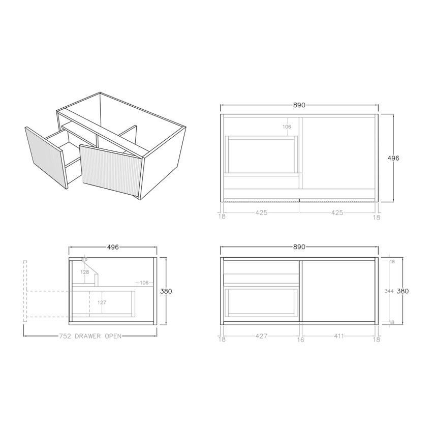 900mm Prime Oak Wall Hung Bathroom Vanity Left Drawer Grooved MDF Cabinet Only
