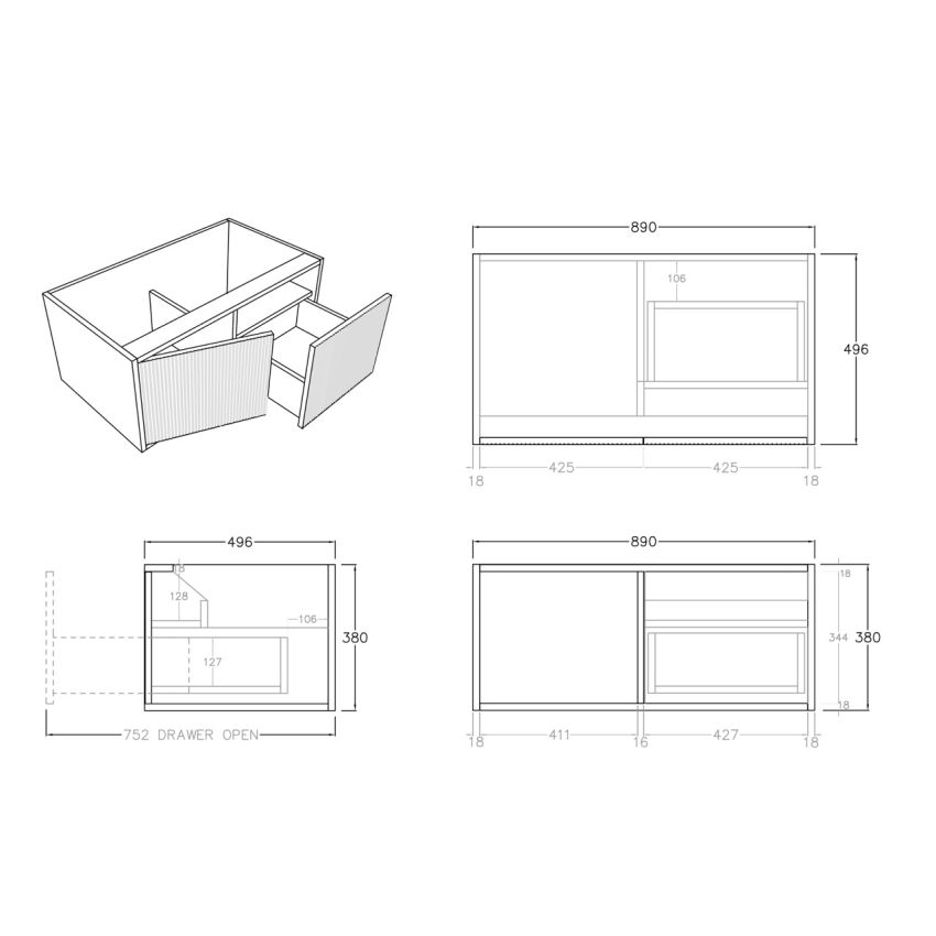 900mm Coastal Oak Wall Hung Bathroom Vanity Right Drawer Grooved MDF Cabinet Only