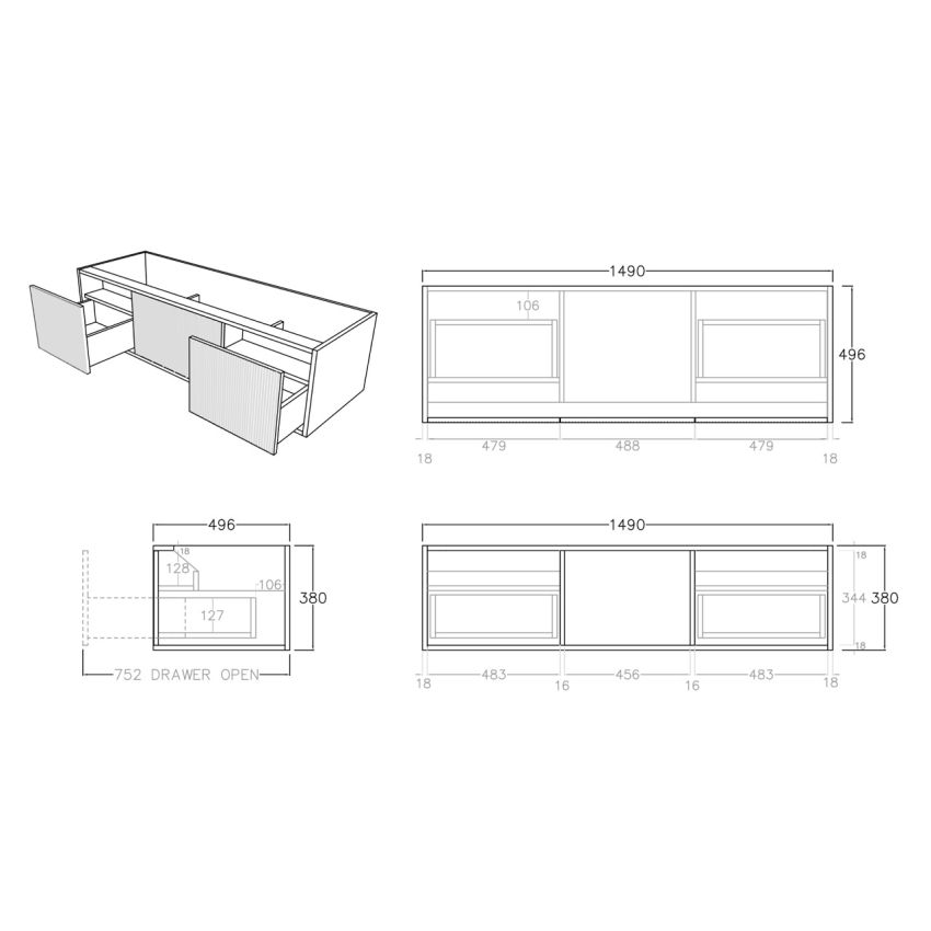 1500mm Coastal Oak Wall Hung Bathroom Vanity 2 Drawers Grooved MDF Cabinet Only