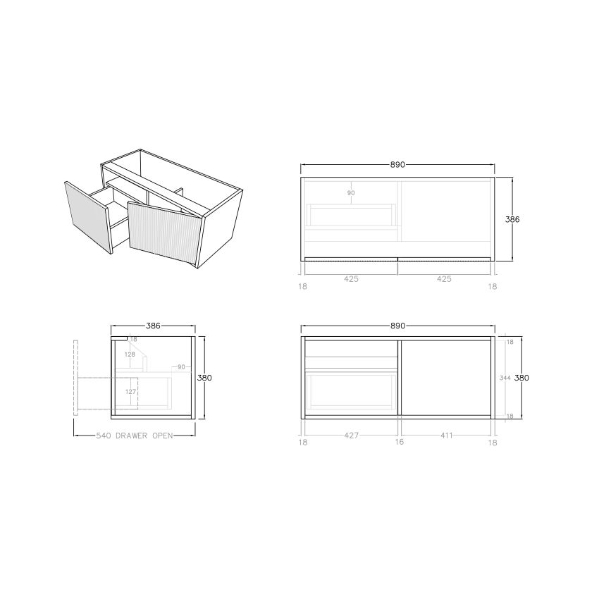 900mm Slim Prime Oak Wall Hung Bathroom Vanity Left Drawer Grooved MDF Cabinet Only