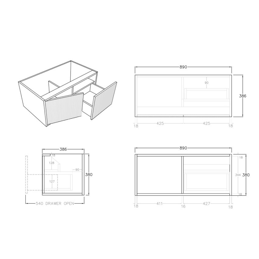 900mm Slim Prime Oak Wall Hung Bathroom Vanity Right Drawer Grooved MDF Cabinet Only