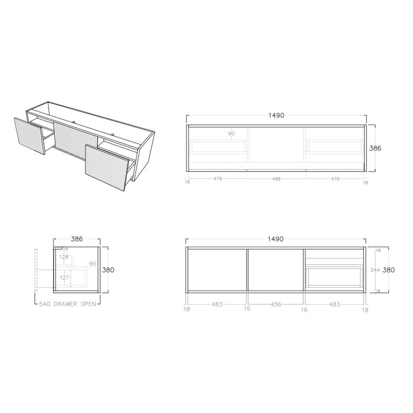1500mm Slim Prime Oak Wall Hung Bathroom Vanity 2 Drawers Grooved MDF Cabinet Only