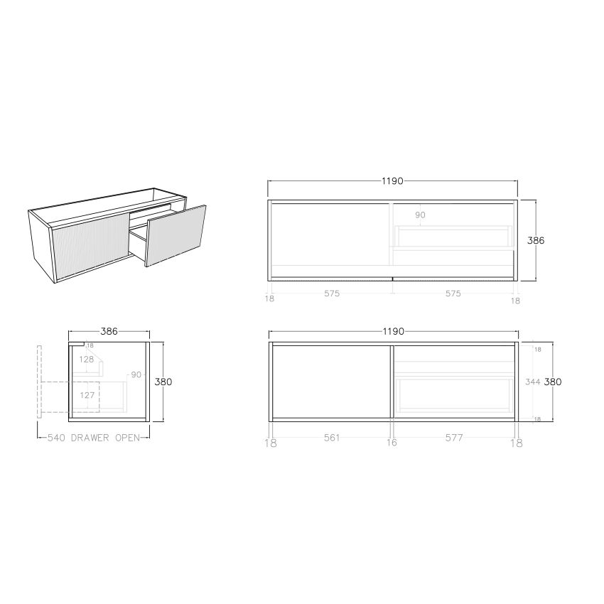 1200mm Slim Coastal Oak Wall Hung Bathroom Vanity Right Drawer Grooved MDF Cabinet Only