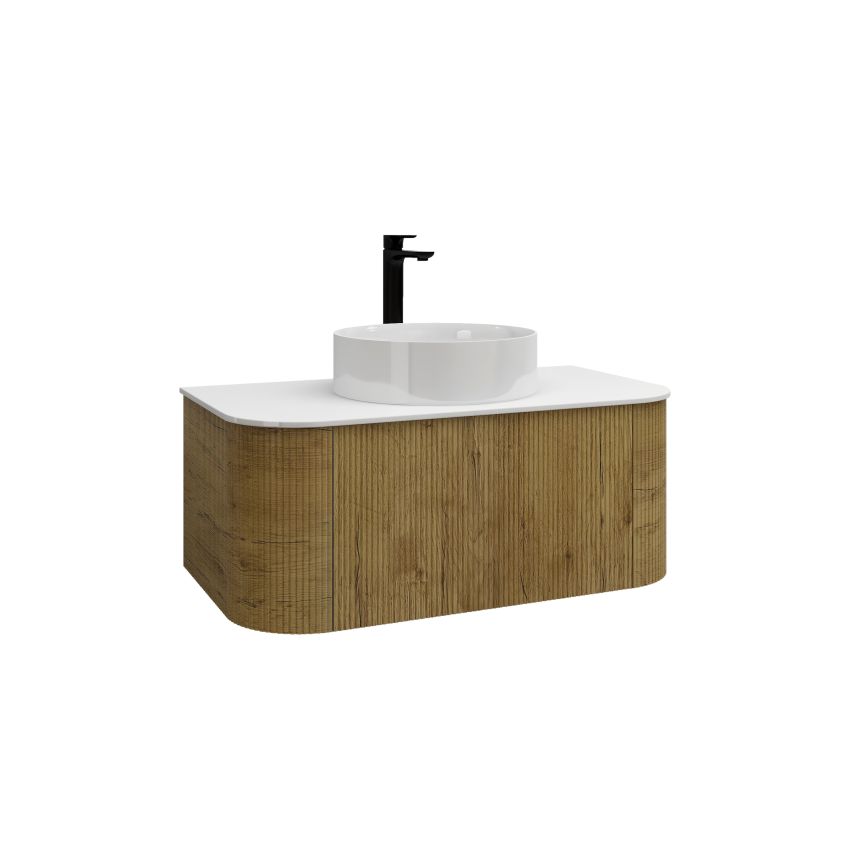 900mm Prime Oak Curved Edge and V-Grooved Wall Hung Bathroom Vanity MDF Cabinet Only
