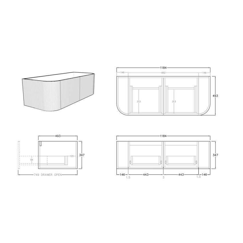 1200mm Prime Oak Curved Edge and V-Grooved Wall Hung Bathroom Vanity MDF Cabinet Only