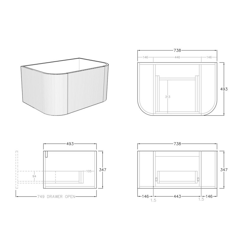 750mm Bottega Oak Wall Hung Bathroom Vanity with Curved Edge and V-Grooved Design MDF Cabinet Only