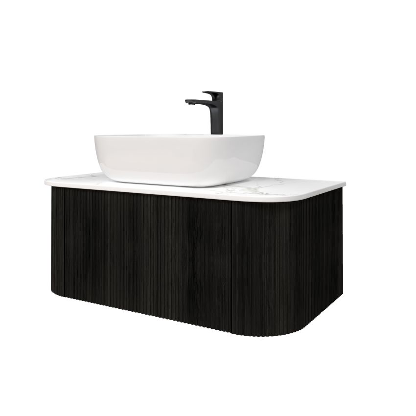 900mm Bottega Oak Wall Hung Bathroom Vanity with Curved Edge and V-Grooved Design MDF Cabinet Only