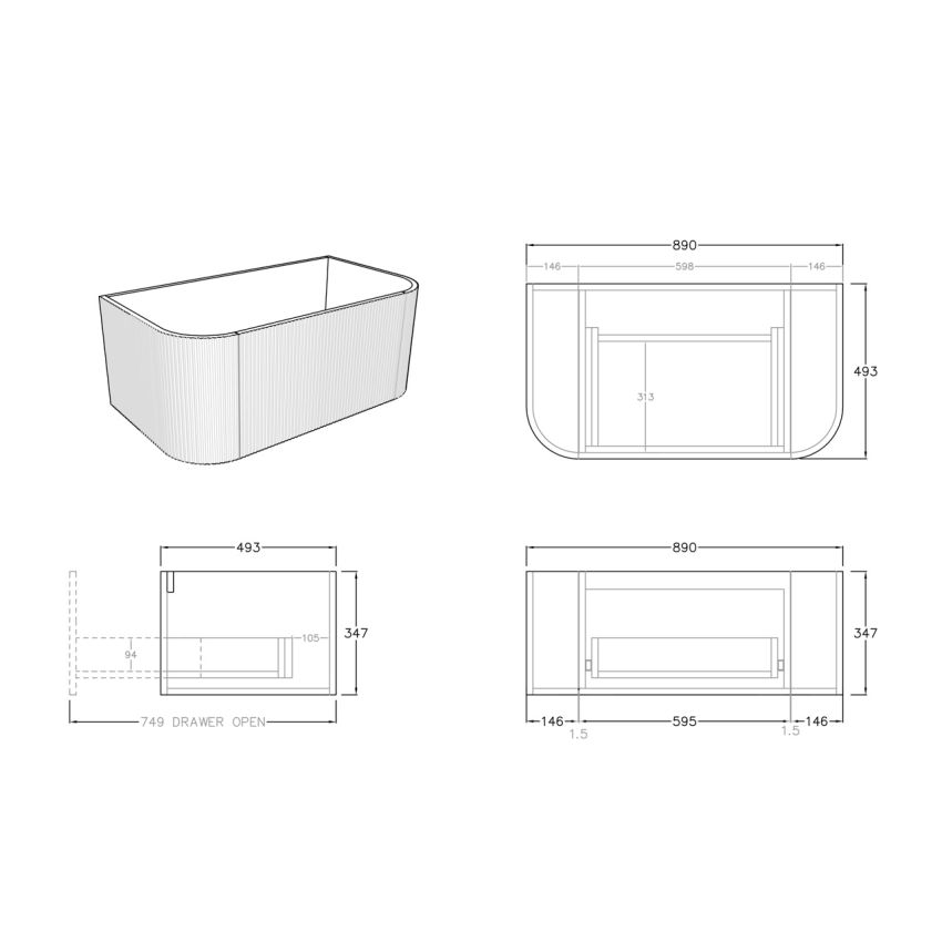900mm Bottega Oak Wall Hung Bathroom Vanity with Curved Edge and V-Grooved Design MDF Cabinet Only