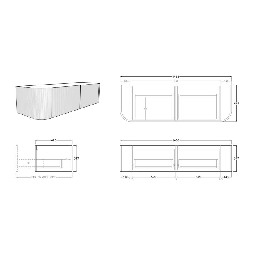 1500mm Bottega Oak Wall Hung Bathroom Vanity with Curved Edge and V-Grooved Design MDF Cabinet Only