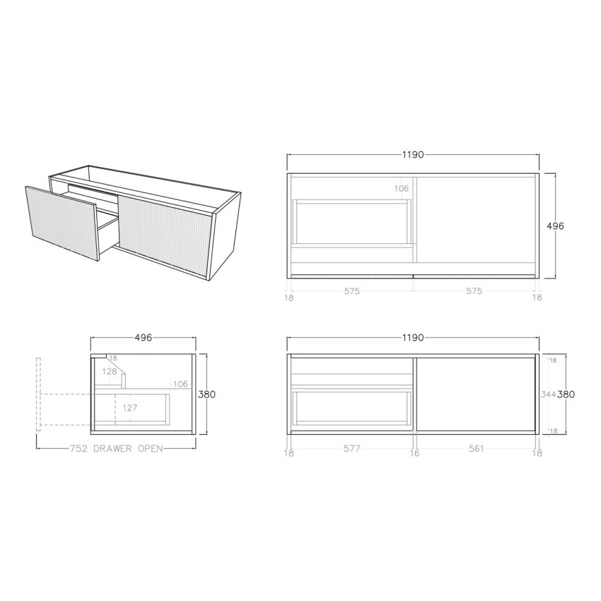 1200mm Bottega Oak Wall Hung Bathroom Vanity Left Drawer Grooved MDF Cabinet Only