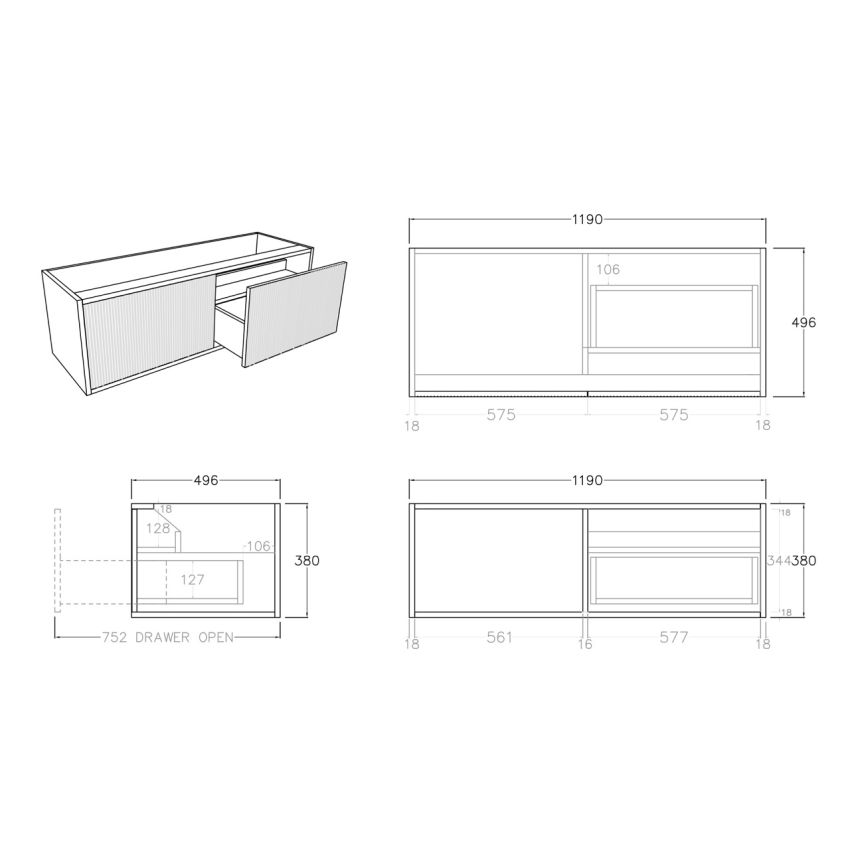 1200mm Bottega Oak Wall Hung Bathroom Vanity Right Drawer Grooved MDF Cabinet Only