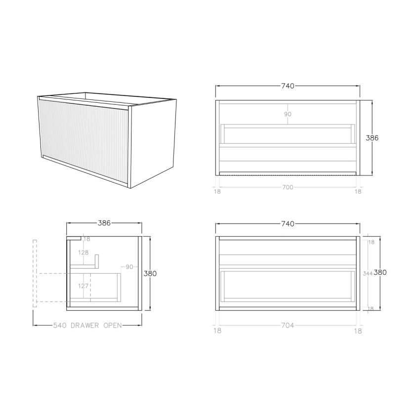 750mm Slim Bottega Oak Wall Hung Bathroom Vanity 1 Door Grooved MDF Cabinet Only