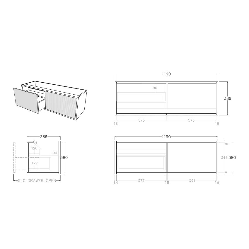 1200mm Slim Bottega Oak Wall Hung Bathroom Vanity Left Drawer Grooved MDF Cabinet Only