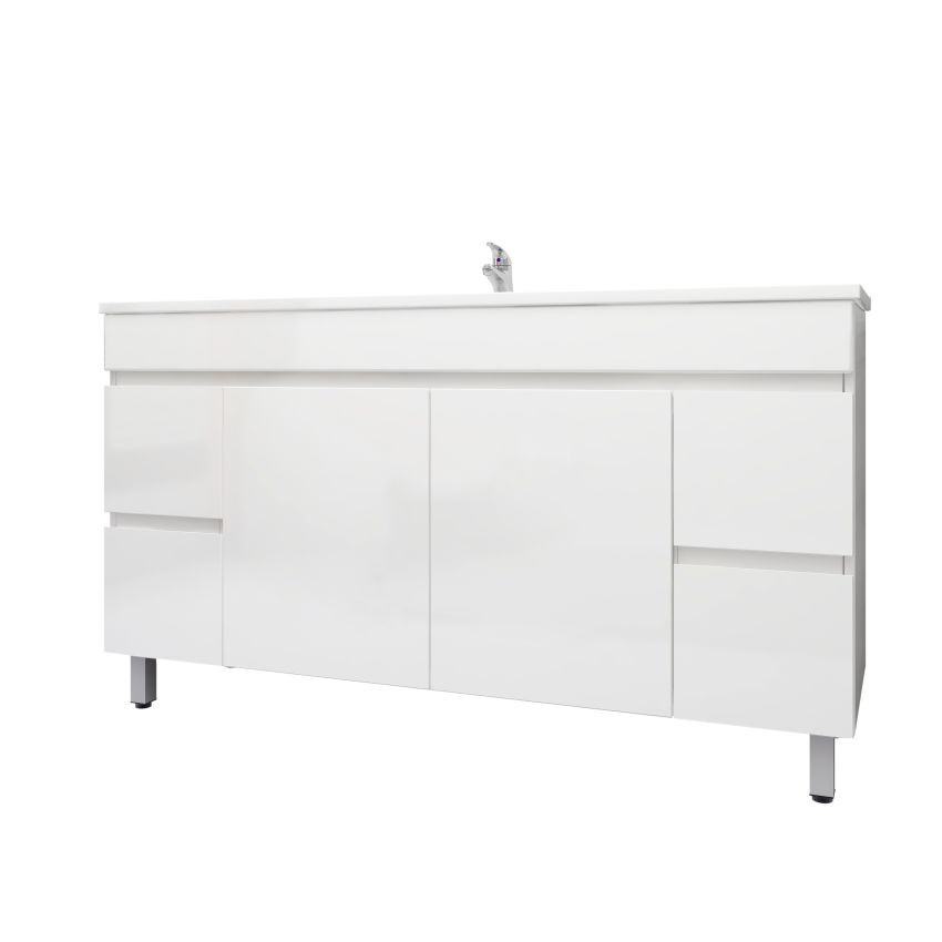 1500mm 2-Door 4-Drawer Freestanding With Legs MDF Gloss White Finish Bathroom Vanity Cabinet Only