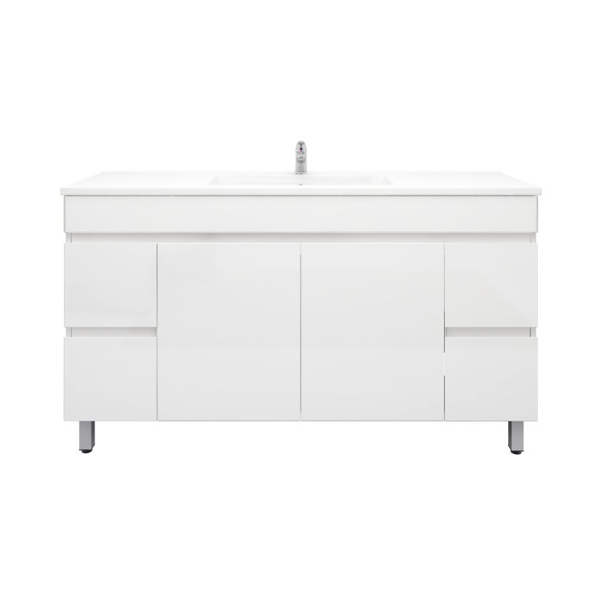 1500mm 2-Door 4-Drawer Freestanding With Legs MDF Gloss White Finish Bathroom Vanity Cabinet Only