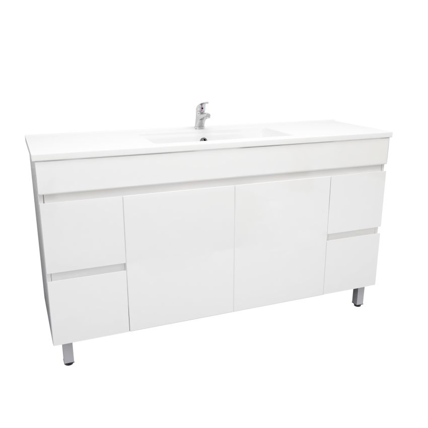 1500mm 2-Door 4-Drawer Freestanding With Legs MDF Gloss White Finish Bathroom Vanity Cabinet Only