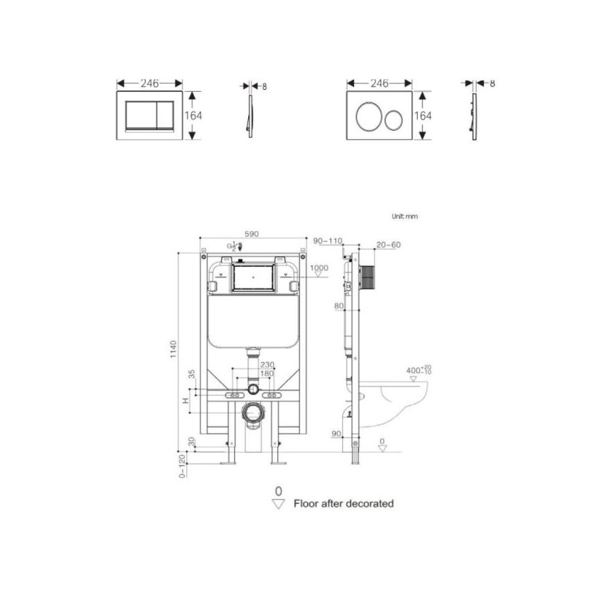 Rubine Concealed 80mm Cistern R&T In Wall Cistern for Wall Hung Pan Only