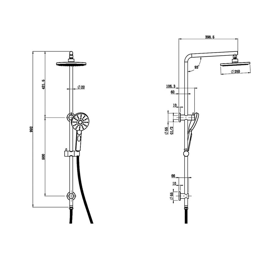 New Cora Round Multi-function Shower Set Chrome, 250mm Plastic Shower Head