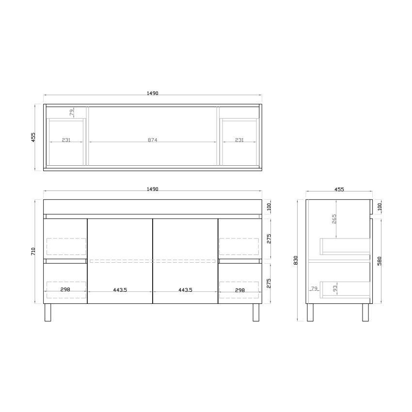 1500MM Dark Oak MDF Bathroom Vanity 4 Side Drawers 2 Middle Doors Free Standing Cabinet Only