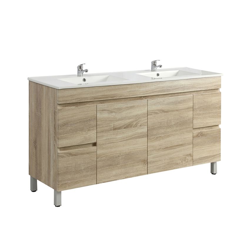 1500MM White Oak MDF Bathroom Vanity 4 Side Drawers 2 Middle Doors Free Standing Cabinet Only