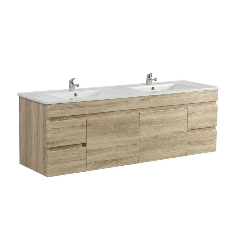 1500MM White Oak MDF Bathroom Vanity 4 Side Drawers 2 Middle Doors Wall Hung Cabinet Only