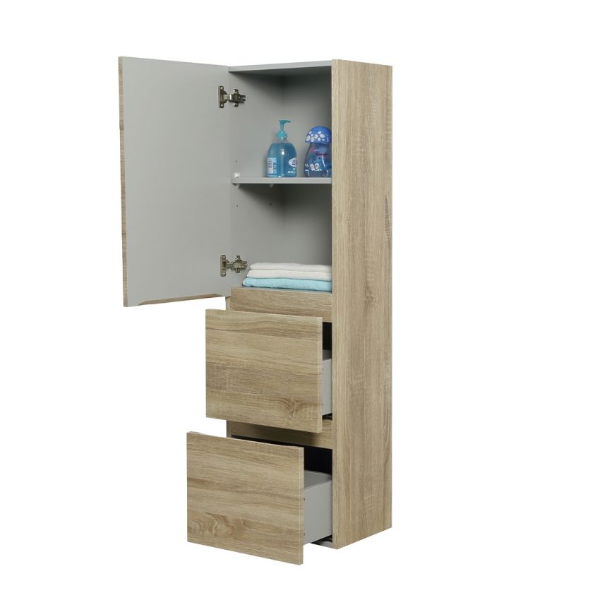 1350MM White Oak MDF Cabinet 2 Drawers 1 Door Wall Hung Tall Boy Tall Storage Cabinet