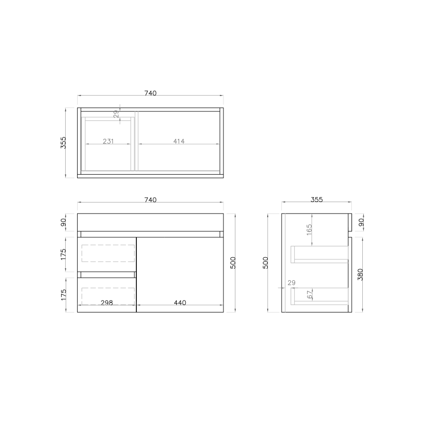 750MM Narrow Dark Grey MDF Bathroom Vanity Left Drawers Wall Hung Cabinet Only