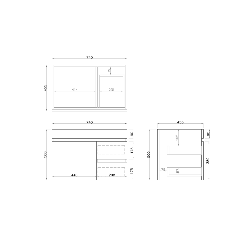 750MM Dark Oak MDF Bathroom Vanity Right Drawers Wall Hung Cabinet Only