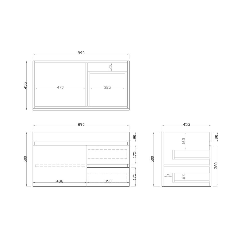 900MM Dark Grey MDF Bathroom Vanity Right Drawers Wall Hung Cabinet Only