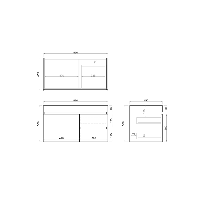 900MM White Oak MDF Bathroom Vanity Right Drawers Wall Hung Cabinet Only