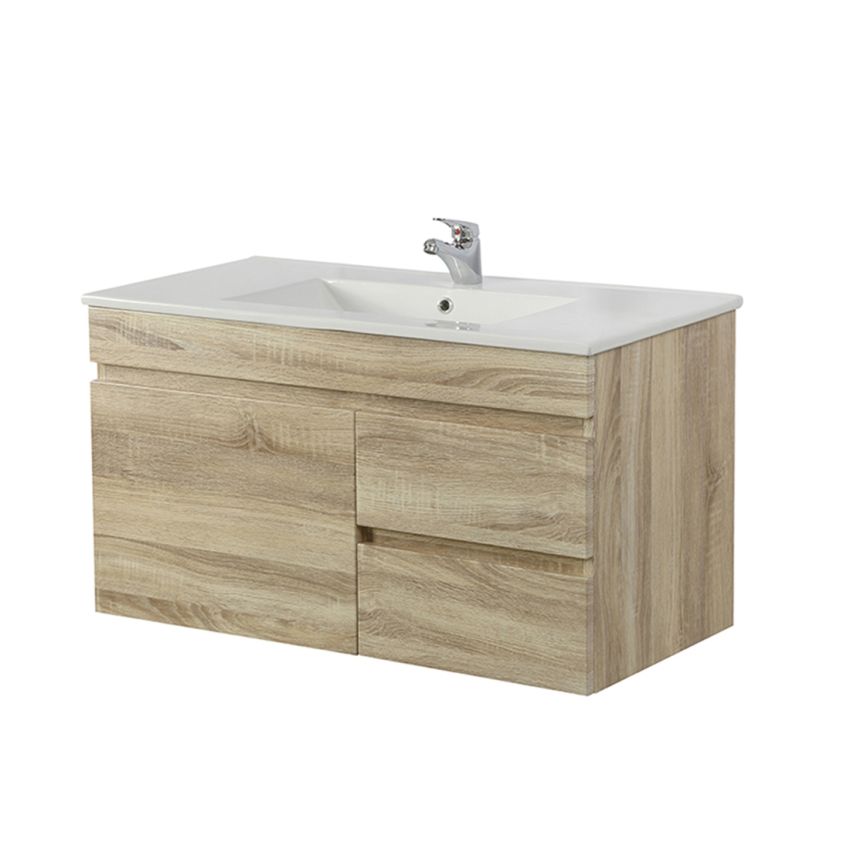 900MM White Oak MDF Bathroom Vanity Right Drawers Wall Hung Cabinet Only