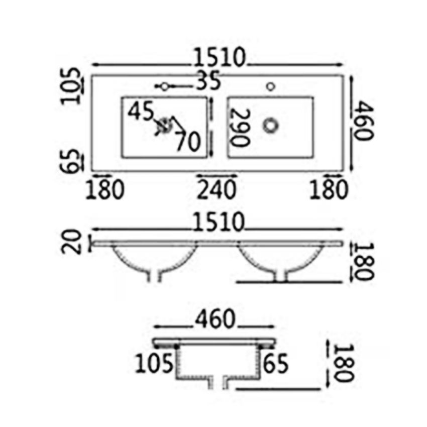 1500x460mm Nana Gloss White Thin Edge Ceramic Top Double Sinks / Bowls