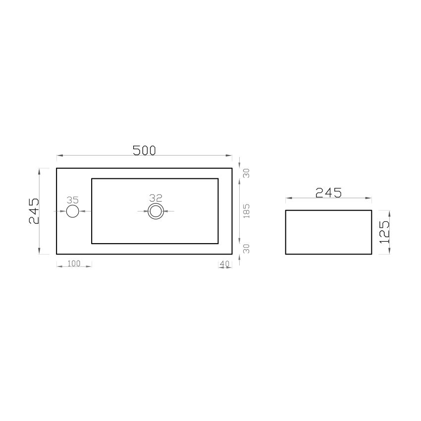 500x245x125mm Gloss White Ceramic Top with Left Tap Hole