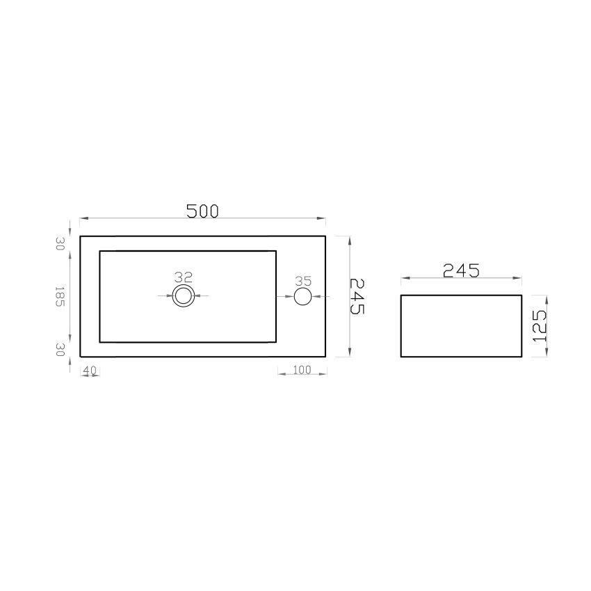 500x245x125mm Gloss White Thin Edge Ceramic Top with Right Tap Hole