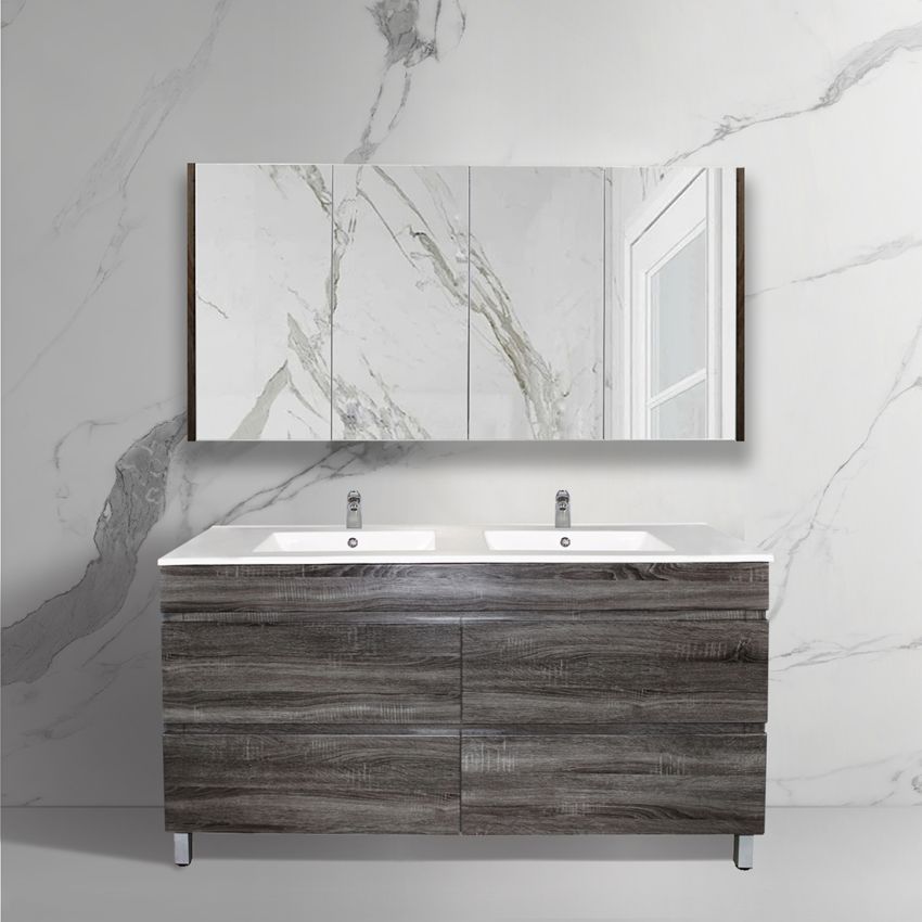 1500mm Freestanding With Legs Bathroom Vanity Dark Grey Wood Grain 2 PAC Coating MDF Board with Double Bowl